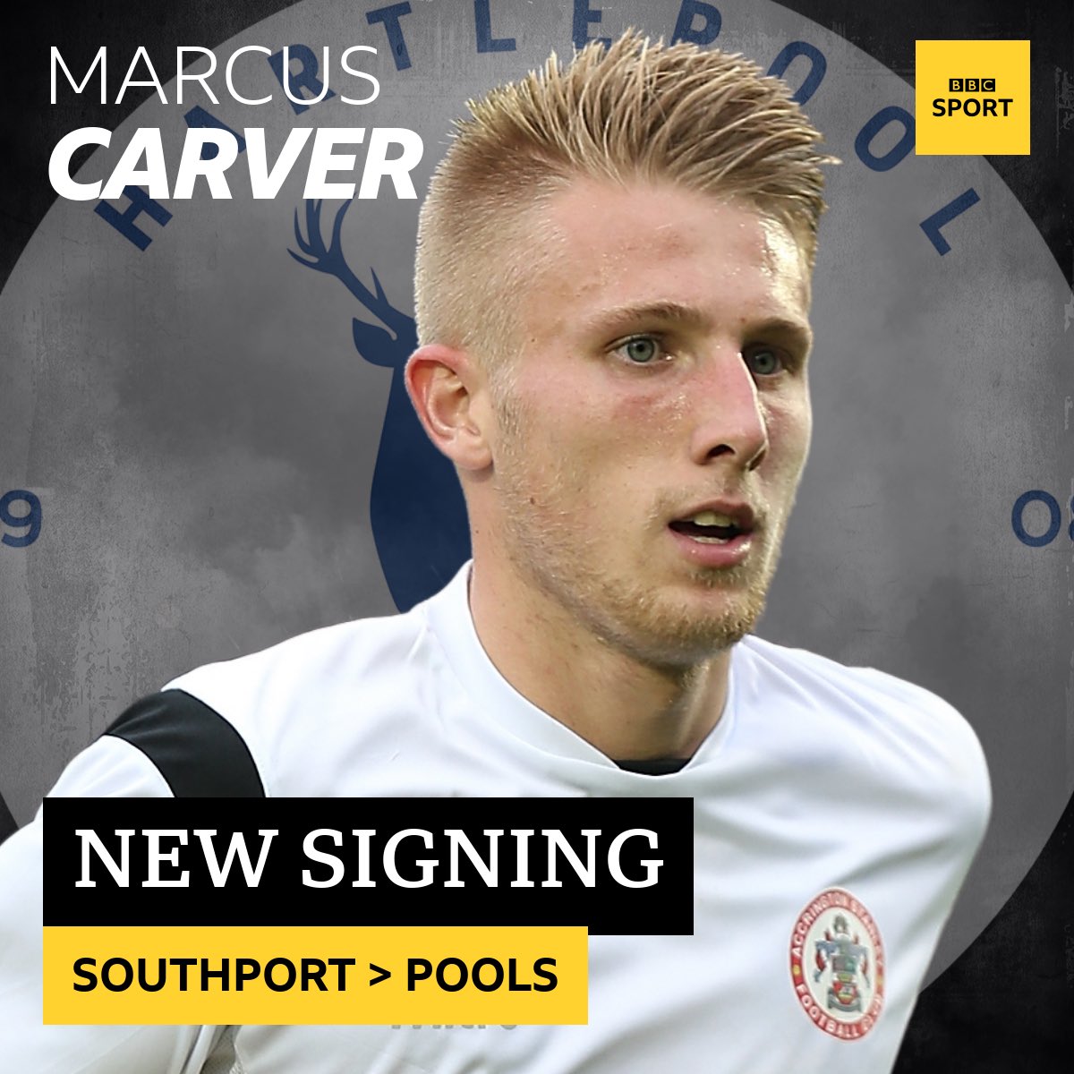 BBCTeesSport's tweet photo. 🔵✍🏼 BREAKING:

Hartlepool United have announced the signing of striker Marcus Carver from Southport.

The 28-year-old was one of the top scorers in the National League North, netting 12 goals in 17 games this season.

#Pools | #HUFC | #BBCFootball https://t.co/uuPxQc3uAn