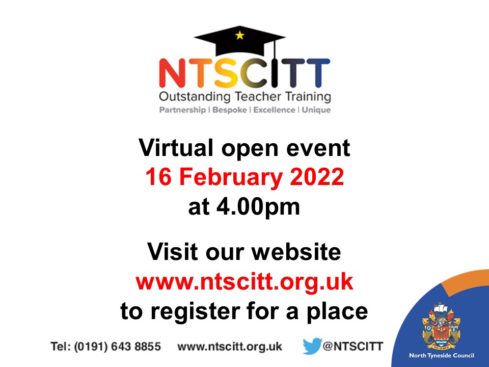 Interested in training to teach, if so why not attend our virtual open event on Wednesday 16 February at 4pm. To register for a space go to ntscitt.org.uk <a href="/NTCouncilTeam/">North Tyneside Council</a> <a href="/NTynesideEY/">EY Education North Tyneside</a> <a href="/NTPrimaryTeam/">Education North Tyneside Primary Team</a>