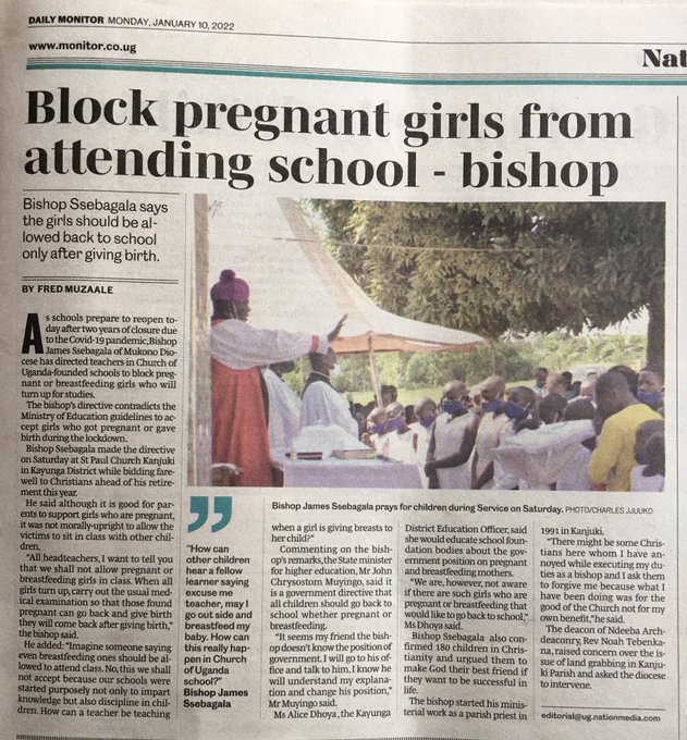 We reprove Bishop James Sebagala's inconsiderate, unthought, and uncalled-for sentiments in today's @DailyMonitor All girls have a right to education regardless of their pregnancy, marital or motherhood status. Education is a right that can not be withdrawn as a punishment. 1/4