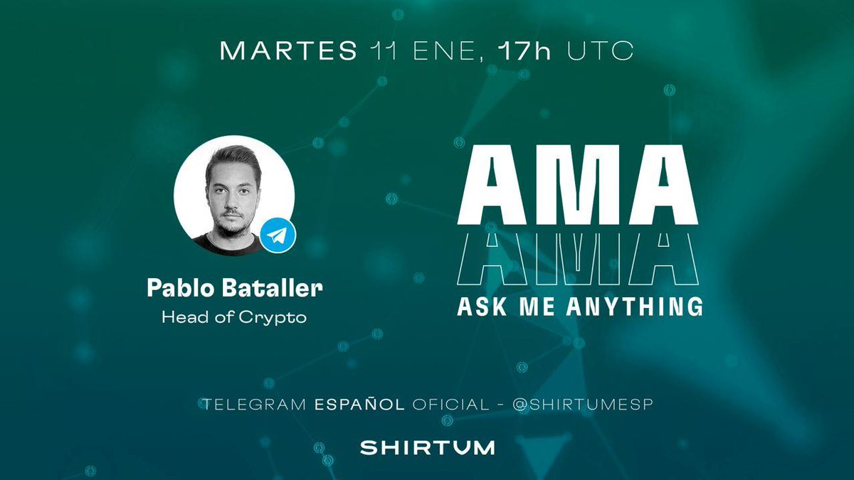 Shirtum's tweet image. Mañana haremos un 🎙️ #AMA  con nuestro "Head of Crypto" @Pablo_361 en español!

Podéis compartir vuestras preguntas en el siguiente formulario ➡️ bit.ly/3nbNHlF

🗓️ 11/01
🕔 17h UTC
💬 t.me/ShirtumEsp

Os esperamos con muchas ganas! 💪