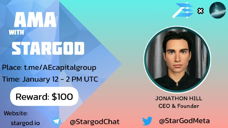 AEcapitalt's tweet photo. 🔥 AE Capital will Host the #AMA with @StarGodMeta

💰 Reward pool: $100 
👉 Venue: https://t.co/2pjphZFsjT
⏰ Date &amp; time: 12 January at 2 PM UTC | 9 PM GTM+7

Follow Twitter:
@AEcapitalt &amp; @StarGodMeta

Like + Retweet, Ask Question on Comment. ( Max 5 question ) https://t.co/mGKpuQXOsv