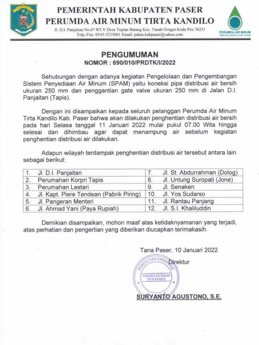 Seputar_Paser's tweet photo. Info penghentian sementara distribusi air PDAM di sejumlah titik https://t.co/7E9k2y3PWV