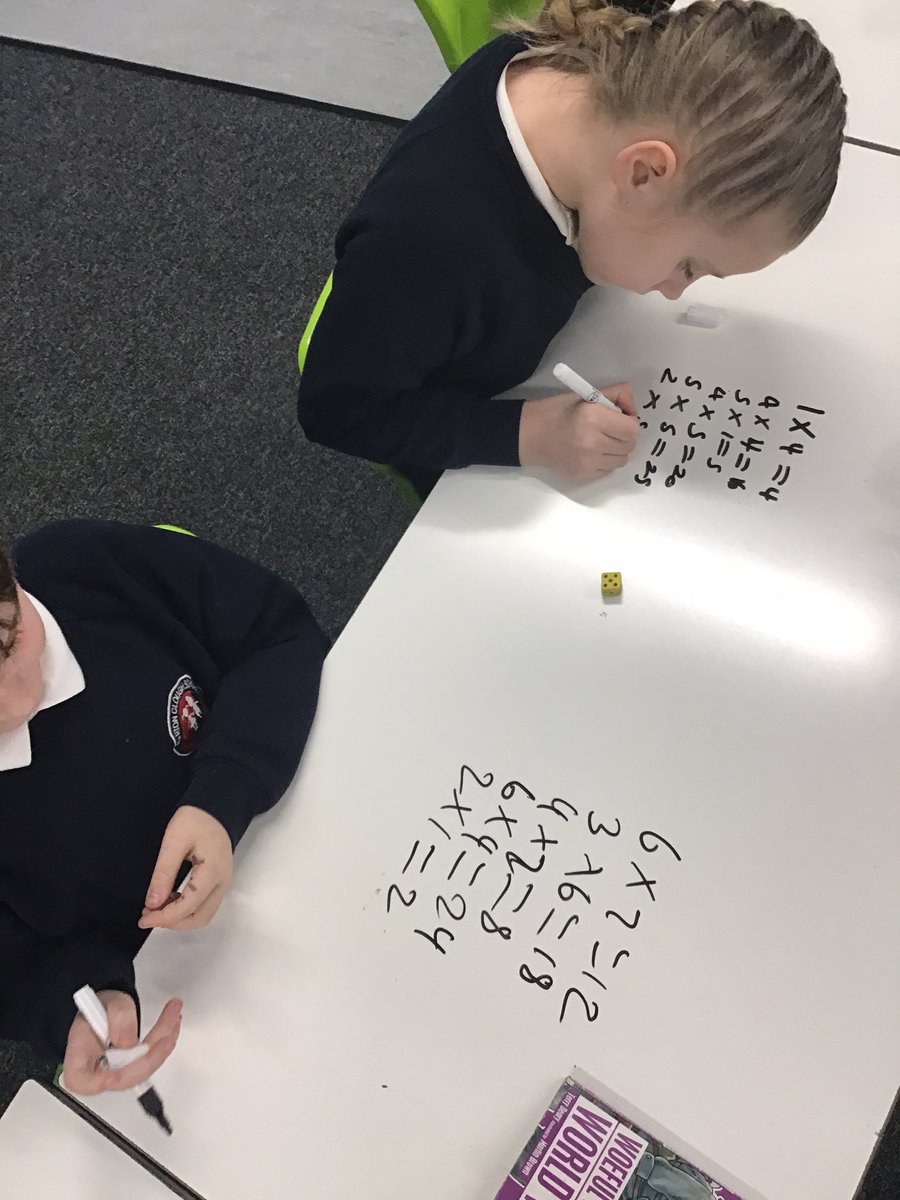 Y4Barton's tweet photo. Our favourite way to learn our times tables is through this dice game. We roll the dice twice to get a #multiplication. If we want a higher number, we roll the dice once more and add them together.
We are getting faster at recalling our times tables to 12!
#year4maths https://t.co/r1VFGp5LtW