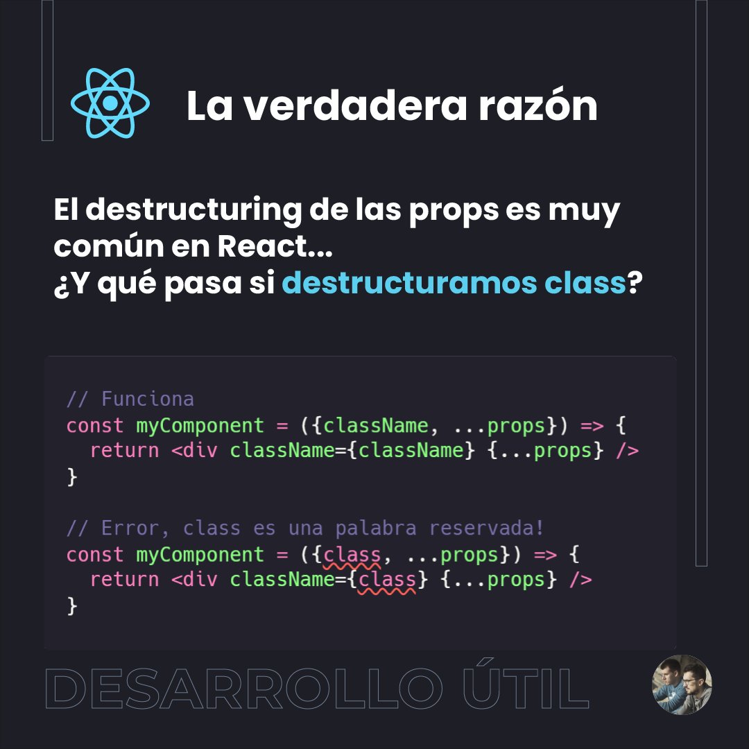Desarrollo Útil on Twitter: "¿Por qué className en lugar de class? 🙄 Si estás aprendiendo React, seguro que esta pregunta te ha venido a la cabeza. Como ya te imaginarás, la respuesta Desarrollo Útil on Twitter: "¿Por qué className en lugar de class? 🙄 Si estás aprendiendo React, seguro que esta pregunta te ha venido a la cabeza. Como ya te imaginarás, la respuesta