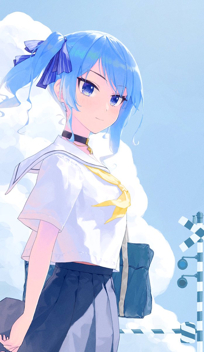 hoshimachi suisei 1girl solo blue eyes blue hair school uniform skirt side ponytail  illustration images