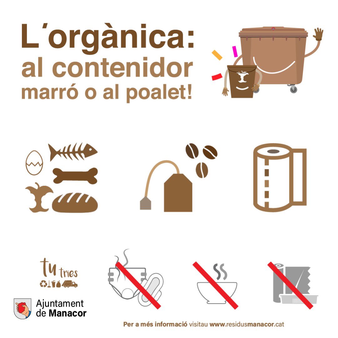 Recorda! L’orgànica al contenidor 🟤 #marró o al poalet!

#MediAmbient #MediAmbientManacor #TuTries #Recicla #ResidusManacor