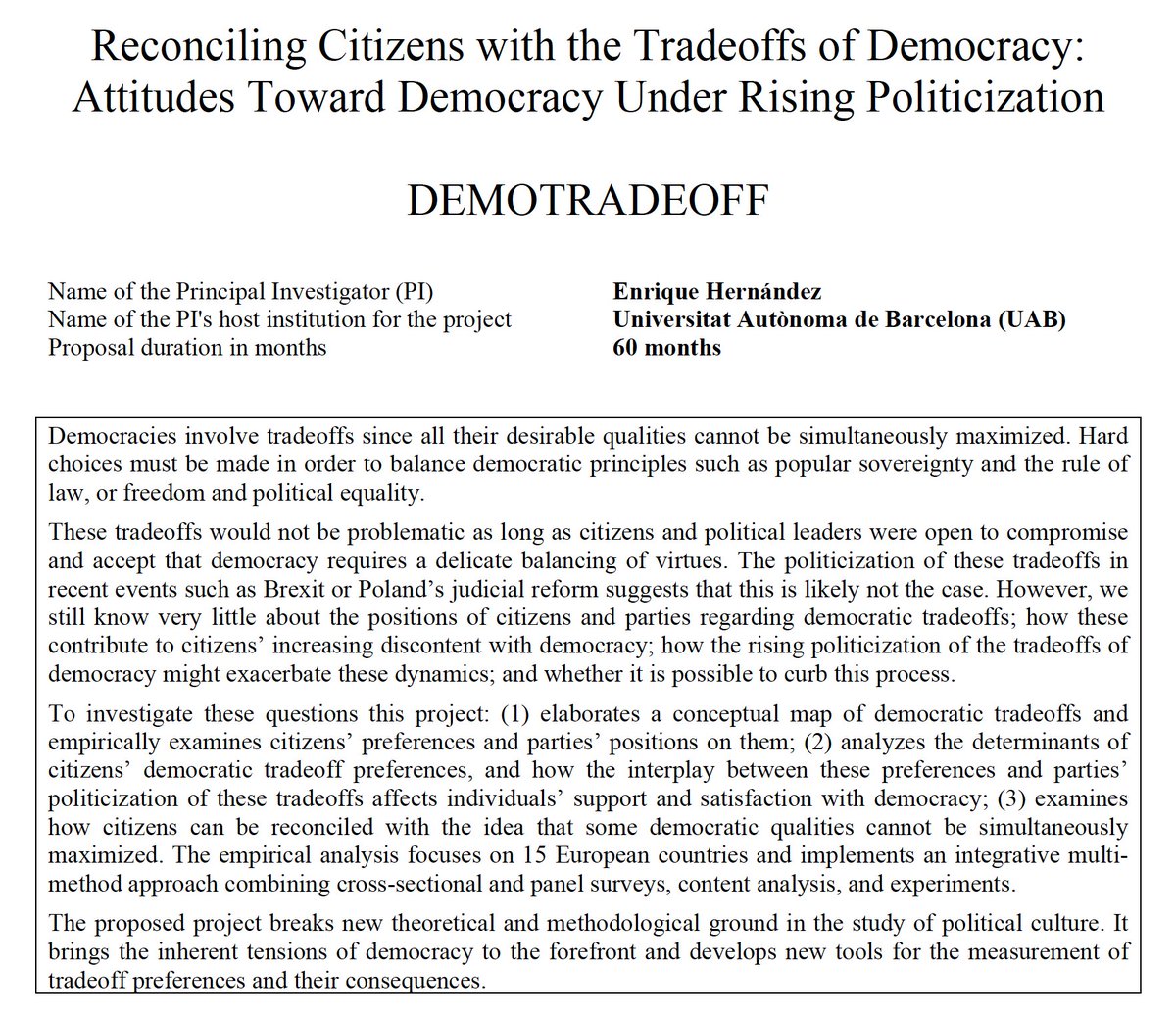 🥳 Extremely happy to receive an ERC Starting Grant to study democratic trade-offs and how these might fuel political discontent. Thanks @ERC_Research!! #ERCStG