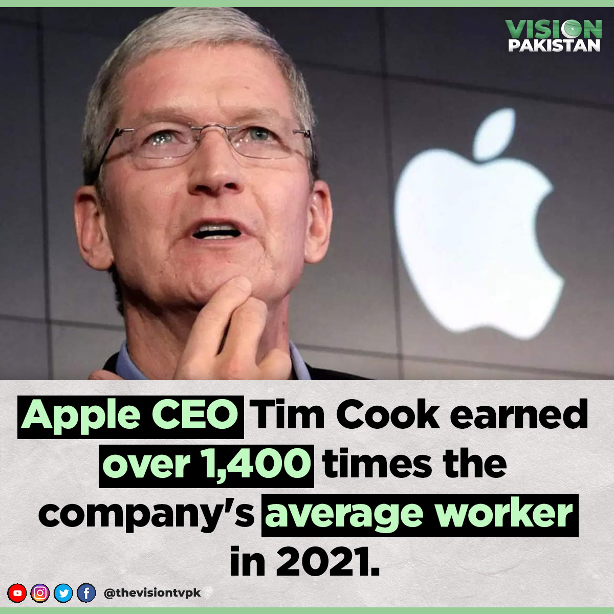 thevisiontvpk's tweet photo. Apple CEO Tim Cook earned over 1,400 times the company's average worker in 2021
#Apple #Averageworker #Company https://t.co/aUeQkvuf3L