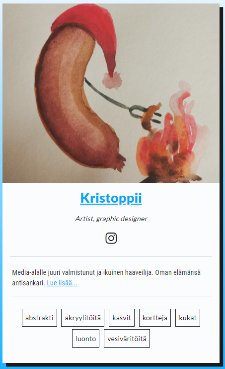 taidekuja's tweet photo. Esittelyssä: Kristoppii
Artist, graphic designer

Maalaan kaikkea ja kaikkia, mutta eniten miellyttää yksinkertaiset muodot ja kuviot. Löydän inspiraatiota arjen pienistä asioista.

Etsin lisää seurattavia instassa, pistä rohkeasti viestiä!

https://t.co/Zb0I6PGiCI https://t.co/aPUEy65826