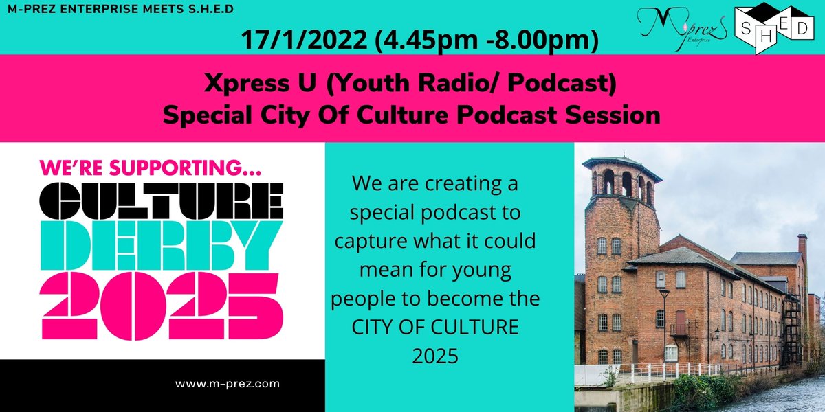 7 more days to our Xpress U session, creating a podcast to tour three locations across Derby with @SHED_uk We will explore what culture is and what is important to young people in Derby.
You can attend online or in person. Join one of our three age groups. #culturederby2025