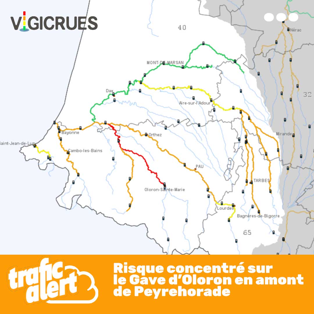 trafic_sudouest's tweet photo. [ZOOM INTEMPÉRIES] Crue du gave d'Oloron, inférieure à décembre 2021, un cours d'eau en vigilance rouge, des départementales coupées. #VigilanceRouge #GavedOloron #meteo64 #meteo40 +sur https://t.co/bwOuAoBlbm https://t.co/R6rU4Io2vt
