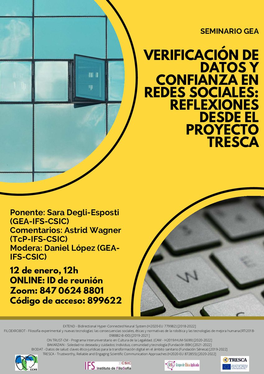 💥¡ATENCIÓN! ⚠️
Nuevos ID y código de acceso:
- ID de la reunión: 847 0624 8801
- Código de acceso: 899622 
🗓️ Recuerda, seminario GEA el 12 de enero a las 12 de la mañana <a href="/survgaze/">Sara Degli-Esposti</a> <a href="/AstridW_CSIC/">Astrid Wagner</a> <a href="/IFS_CSIC/">Instituto de Filosofía (CSIC)</a> <a href="/CCHS_CSIC/">Ciencias Humanas y Sociales (CCHS - CSIC)</a>