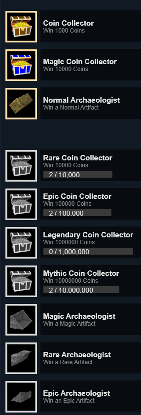 Braincircusgame's tweet photo. Today we added our first working Achievements to Coin Treasures! The Archaeologist ones are fully functional right now. Check it out on Steam!

#braincircus #cointreasures #coinpusher #indiedev #indiegames #indiegame #IndieGameDev #gamedev #UnrealEngine #gamedesign #PCGames https://t.co/J1gBUnIZQn