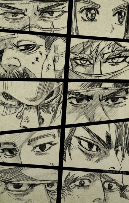 #ゴールデンカムイ #goldenkamuy 
金カム最終章で眼が印象的だったキャラたちを写経(模写)しました

わかったこと: 野田サトル先生はめっちゃ絵がうまい

あと、いずれのキャラも回を追うごとに大きくて意志が強そうな眼になってきてますね…! 