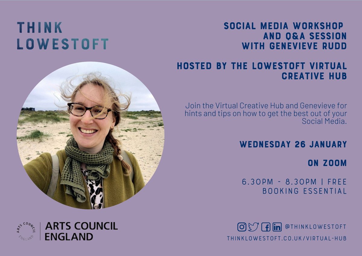 ThinkLowestoft's tweet photo. If you want some hints and tips on getting the best out of your Social Media join us and @gruddphoto on Weds 26 Jan at 6.30pm on Zoom for our next workshop. Please register for your FREE ticket here https://t.co/M3lpSwl5KU…
#LowestoftCreative #TheLeadingLight #ACEsupported https://t.co/OcmGWeczOr