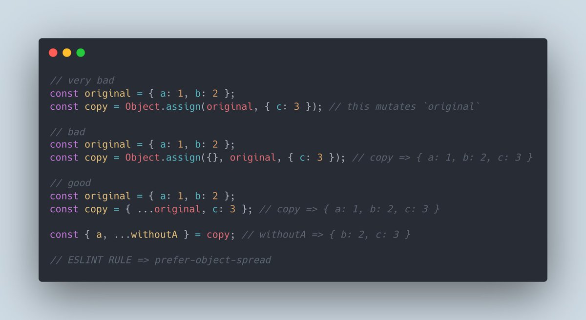 Pavel_FFP's tweet image. Hi there ✋, Javascript tip of the day - 08

Prefer the object spread syntax over Object.assign to shallow-copy objects. ✅ Use the object rest parameter syntax ( ...object )  to get a new object. 

#DailyJS, #CaParleDev, #100DaysOfCode, #javascriptdeveloper , #javascript