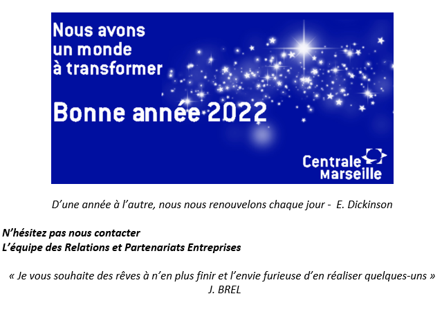 RERV_ECMars's tweet photo. Le service Relations et Partenariats Entreprises de Centrale Marseille vous présente ses meilleurs vœux pour cette nouvelle année 2022. https://t.co/iAXpfWOaie