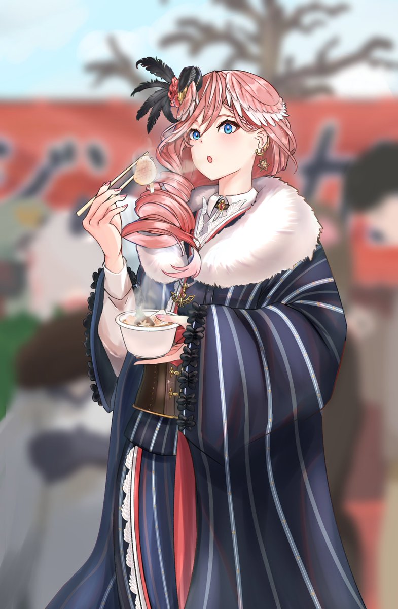 takane lui kimono pink hair 1girl japanese clothes blue eyes holding food  illustration images