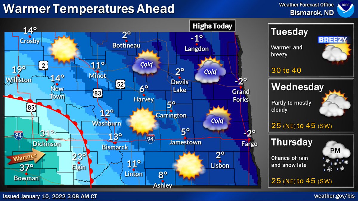 NWSBismarck's tweet photo. Much warmer air will make its way into southwest North Dakota today, spreading across the rest of the state on Tuesday. Most of western and central North Dakota could see several days of highs above freezing this week. 🌡 #ndwx https://t.co/WmW9gXzDCT