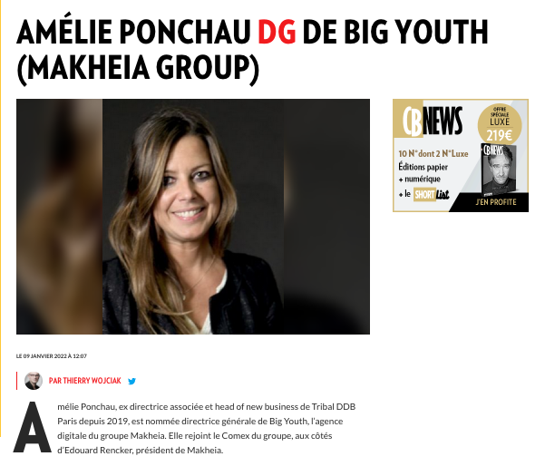 🚀 Amélie Ponchau, ex-Directrice Associée et Head of new business de Tribal DDB Paris, rejoint <a href="/big_youth/">Big Youth</a>  l’agence digitale du Groupe Makheia, au poste de Directrice Générale. Welcome Amélie !
In <a href="/cb_news/">CB News</a> ce matin ❤️
cbnews.fr/mouvements/ima…