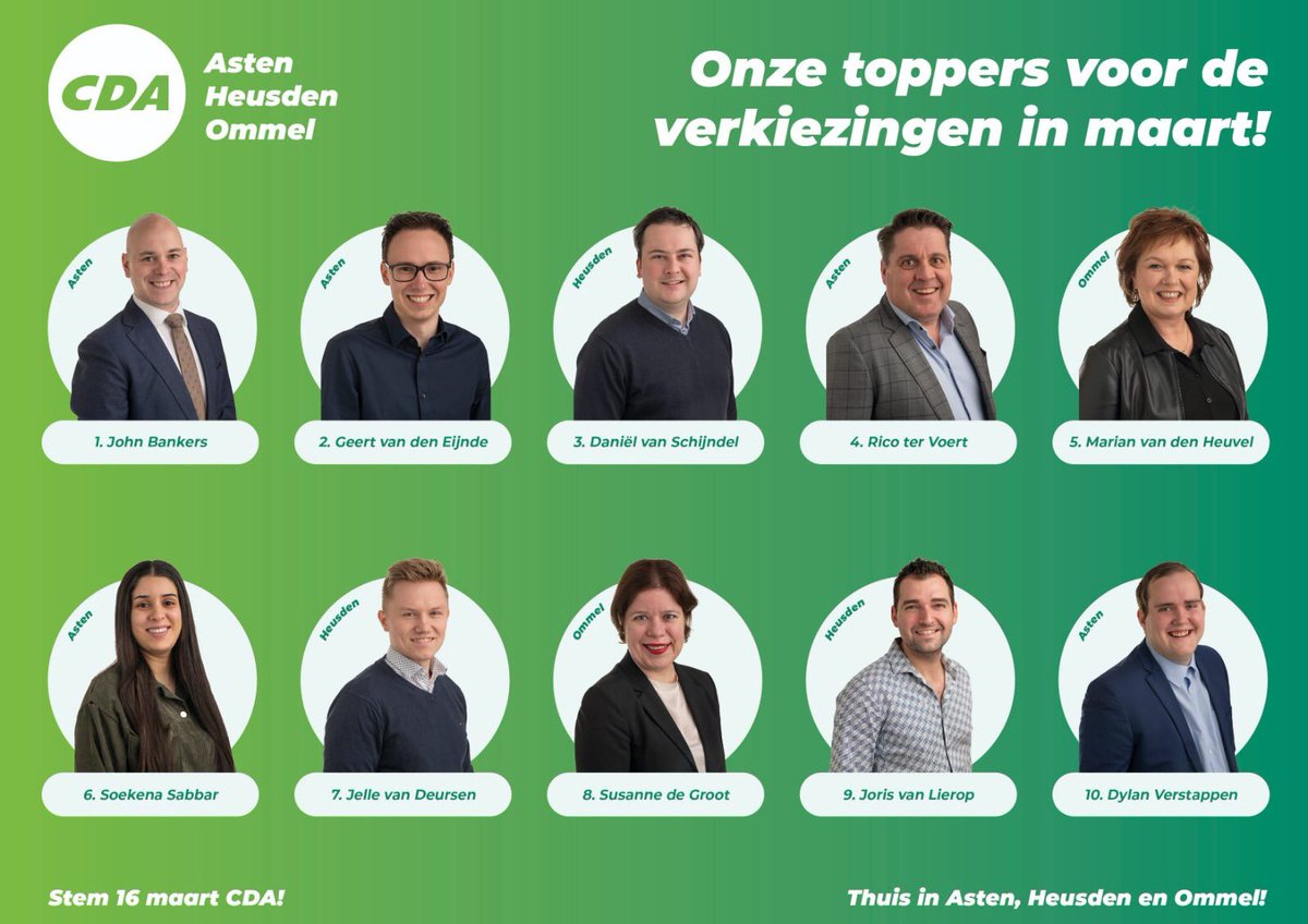 Wat een mooie lijst om aan te mogen voeren bij de gemeenteraadsverkiezingen van 16 maart aanstaande. Met ervaring en nieuwe mensen, vertegenwoordiging uit de drie kernen en bovenal een jonge lijst. Zes van de tien kandidaten zijn jonger dan 30 jaar. Trots! Zin in!