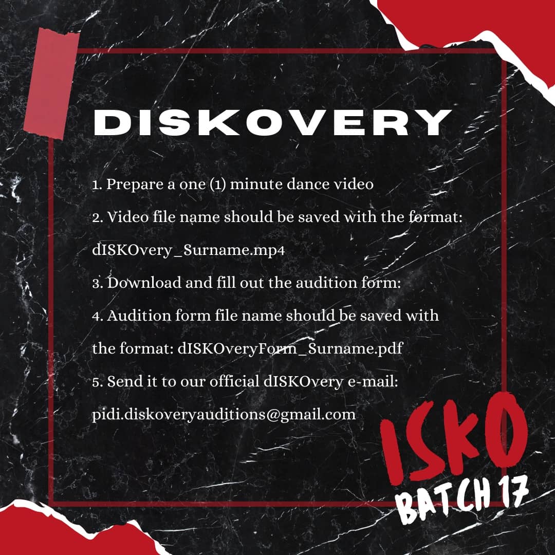 ISKOLARS_DANCE's tweet photo. EAGER TO UNVEIL YOUR GROOVE?
PLM Iskolars Dance Incorporated is proud to announce the opening of new opportunities for aspiring dancers, once again, of our annual dISKOvery Auditions!
dISKOvery Auditions will be held from January 17, 2022, to January 29, 2022! https://t.co/tArOCmRlGI