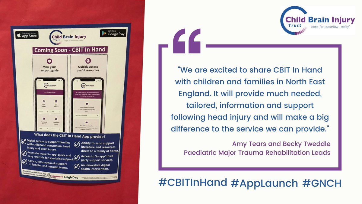 Exciting News! Our #CBITinHand App has been launched at the <a href="/GreatNorthCH/">Great North Children’s Hospital</a> A&amp;E today. A big thank you to GNCH and to Amy Tears and Becky Tweddle who have provided the below quote:

To learn more about our app and how it can help, please visit our website: childbraininjurytrust.org.uk/how-we-help/cb…
