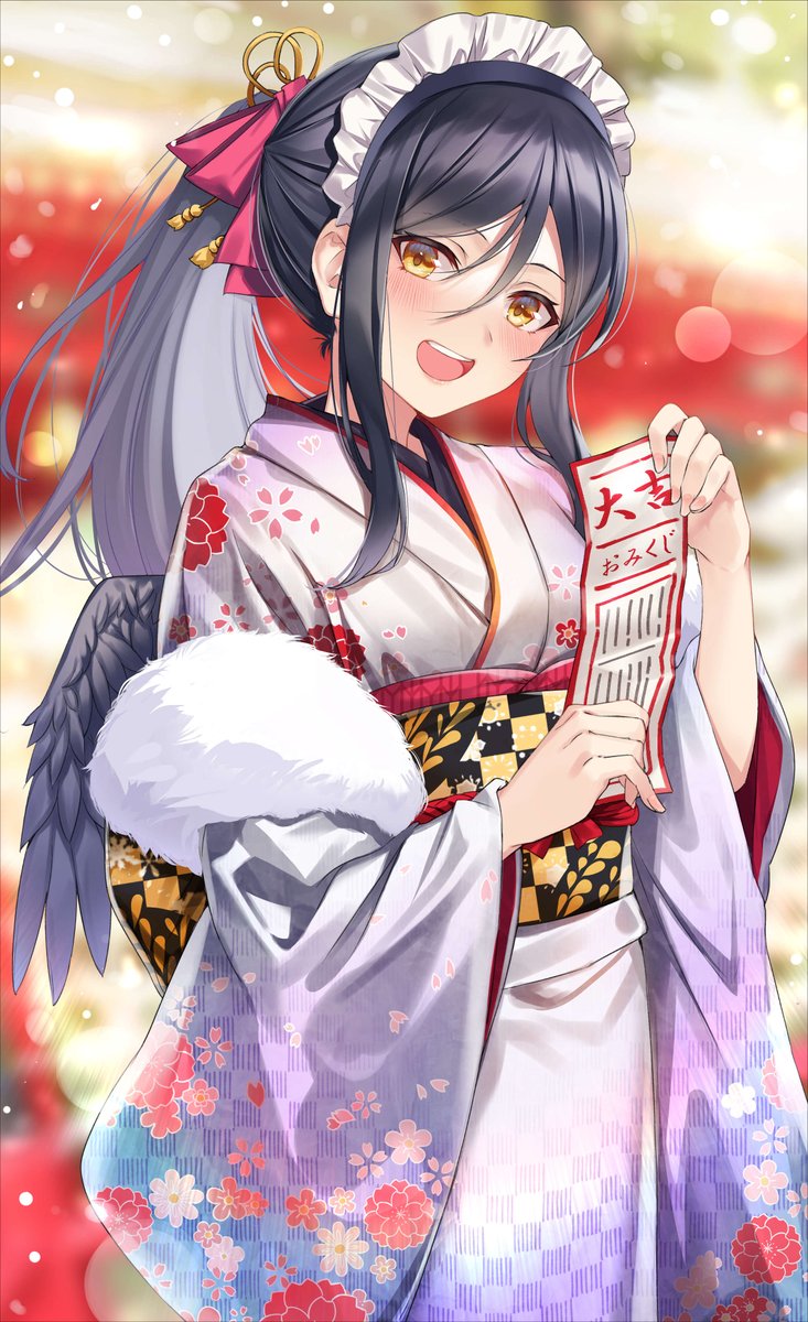 1girl kimono japanese clothes solo omikuji obi ponytail  illustration images