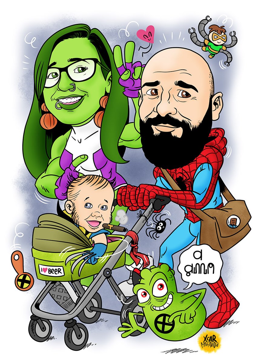 tebeosmalavida's tweet photo. Caricatura de una familia como regalo de Navidad. Por lo visto esta pareja son unos frikazos de cuidado así que sus amigos me pidieron que los dibujara vestidos de Spiderman, Hulka y Lobezno. De propina metí a Doop, el amiguete de Lobezno (a ver si alguien sabe lo que dice). https://t.co/leVULODViQ