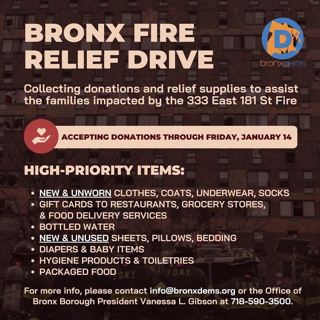 Fernandez4NY's tweet photo. The Bronx needs all hands on deck! Yesterday we experienced one of the worst tragedies in our city’s history.

If you have items you can donate, please see the high-priority items list and drop off at one the listed locations below. My office is also accepting.  #help #bronxfire https://t.co/9kAlUBlKUg