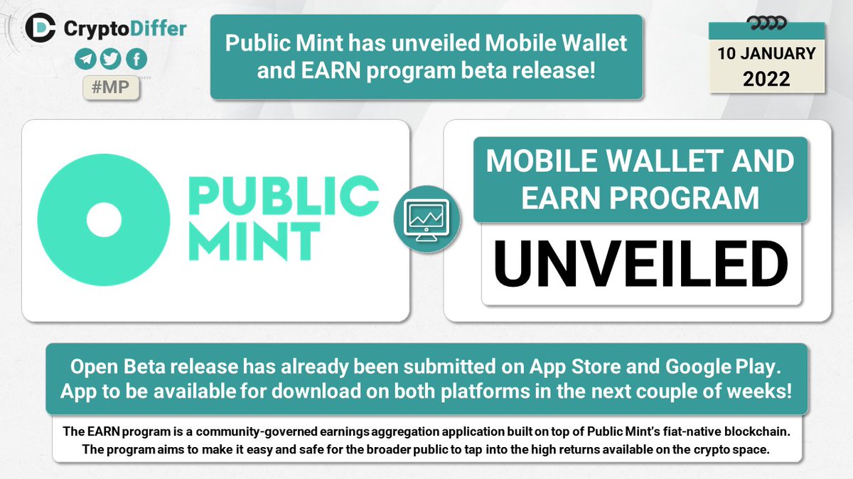 CryptoDiffer's tweet photo. ❗️@PublicMint $MINT has unveiled Mobile Wallet and EARN program beta release

Open Beta release has already been submitted on @AppStore and @GooglePlay. App to be available for download on both platforms in the next couple of weeks.

👉 https://t.co/Tn2pKUpCir https://t.co/YYLZN6BmmN