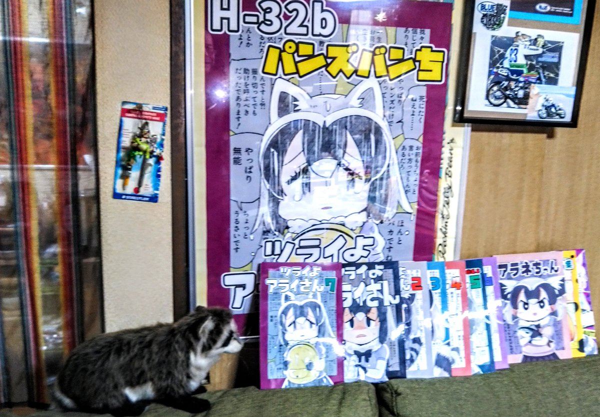 パンさん@panzuban の"ツライよアライさん7"&ポスター!!着‥
幸😭‥今回Ⅽ99で偶然うえじさんと同島だった故手に入った逸品‥有無もなく10年変えなかった工房の特等席の額に入れ、全巻並べて記念撮影‥ホント大好きなんすよ‥幸😭 