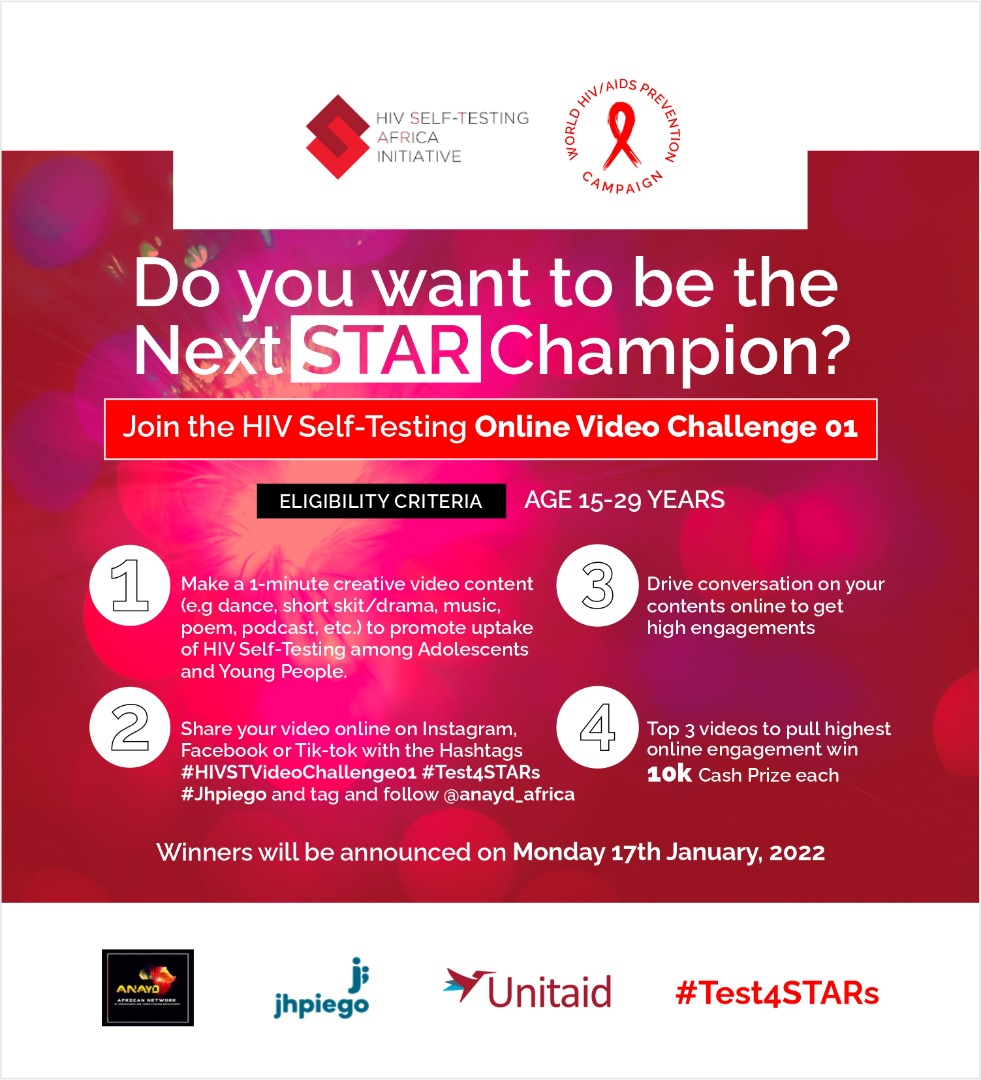 kayodeteslim's tweet photo. We are Re-Launching Our HIV Self-Testing Online Video Challenge!
Kindly checkout the e-flyer for details to participate and join the World HIV/AIDS Prevention Campaign!
You might just be the next STAR Champion!
#HIVSTVideoChallenge01
#Test4STARs
#ANAYD
#Jhpiego https://t.co/2sAou1Mbfs