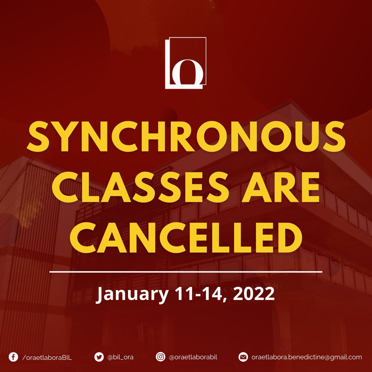 bil_ora's tweet photo. 'MAY HEALTH BREAK NA!' 

BREAKING: Kinansela na ang lahat ng synchronous classes ngayong linggo, Enero 11-14, dulot ng pagtaas ng bilang ng mga nagkakasakit na mga mag-aaral at guro sa BIL. [1/2] https://t.co/qvRNEn0oxf