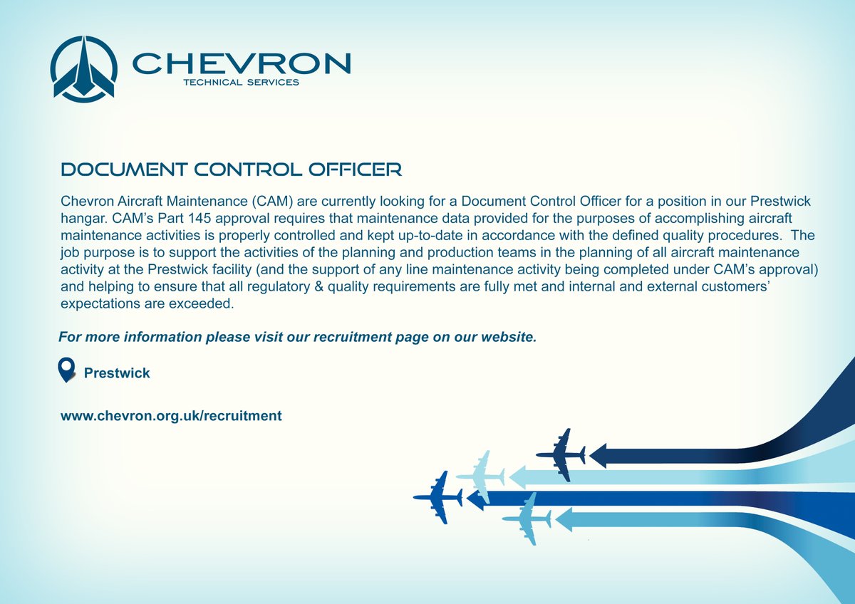 Chevron Aircraft Maintenance are currently looking for a document control officer to join our team in Prestwick... chevron.org.uk/jobs/document-… #jobsinaviation #aviationjobs #jobs