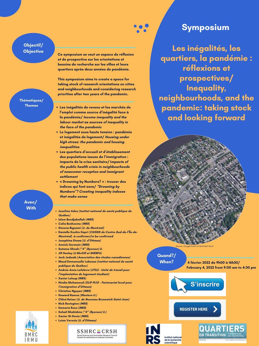 Building Migrant Resilience in Cities (@bmrc_irmu) on Twitter photo Symposium:
Les inégalités, les quartiers, la pandémie :réflexions et prospectives/Inequality, neighbourhoods, and the pandemic: taking stock and looking forward (4 février 2022/February 4, 2022)
<a href="/SSHRC_CRSH/">SSHRC</a> <a href="/inrsciences/">Institut national de la recherche scientifique</a>
S'enregistrer ici/Register here: yorku.zoom.us/meeting/regist… Symposium:
Les inégalités, les quartiers, la pandémie :réflexions et prospectives/Inequality, neighbourhoods, and the pandemic: taking stock and looking forward (4 février 2022/February 4, 2022)
<a href="/SSHRC_CRSH/">SSHRC</a> <a href="/inrsciences/">Institut national de la recherche scientifique</a>
S'enregistrer ici/Register here: yorku.zoom.us/meeting/regist…