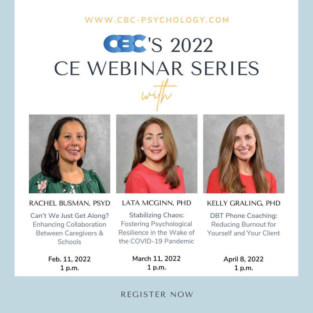 CBC (@cbc_psychology) on Twitter photo CBC is excited to offer new continuing education opportunities for professionals from master clinicians <a href="/DrRachelBusman/">rachel busman</a>, <a href="/LataKMcGinn/">Dr. Lata K McGinn</a> and Dr. Kelly Graling. Join us in these discussions about some of today's the most pressing topics in psychology!
cbc-psychology.com/events/ce-talk… CBC is excited to offer new continuing education opportunities for professionals from master clinicians <a href="/DrRachelBusman/">rachel busman</a>, <a href="/LataKMcGinn/">Dr. Lata K McGinn</a> and Dr. Kelly Graling. Join us in these discussions about some of today's the most pressing topics in psychology!
cbc-psychology.com/events/ce-talk…
