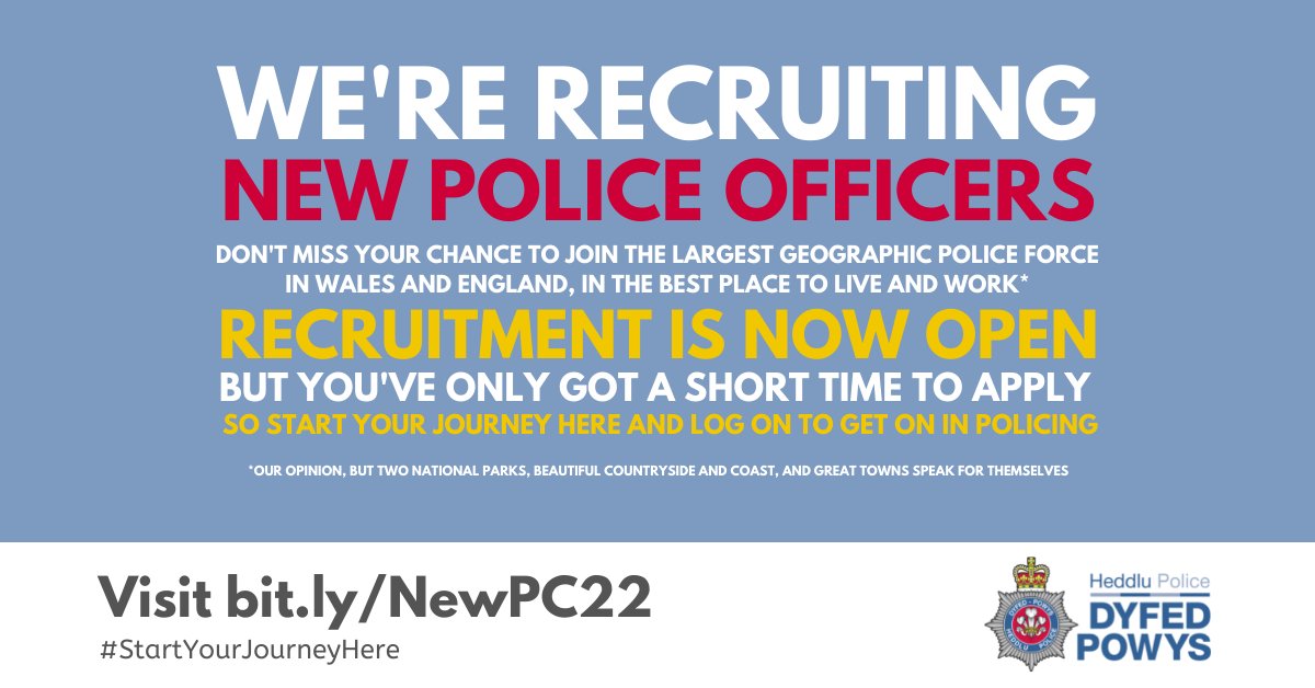 RECRUITMENT | We're on the lookout for people to become brand new police officers!

Policing is a job like no other. We’re the largest geographic force in Wales and England, and we’d argue one of the best places to live and work.

#StartYourJourneyHere  at orlo.uk/nce85