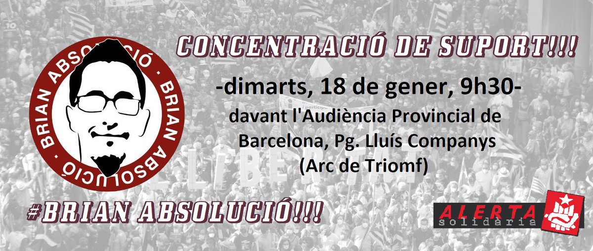 AlertaSolidaria's tweet photo. 📌Pren nota de la cita amb la solidaritat!

Dimarts dia 18 jutgen en @BrianGrup  per participar en la mobilització de Tsunami Democràtic, el dia del Barça-Madrid. Aquell dia érem milers als carrers. Siguem també nombrosos al costat del company!

Que res ens aturi!
#BrianAbsolució https://t.co/zd1qNewWmA