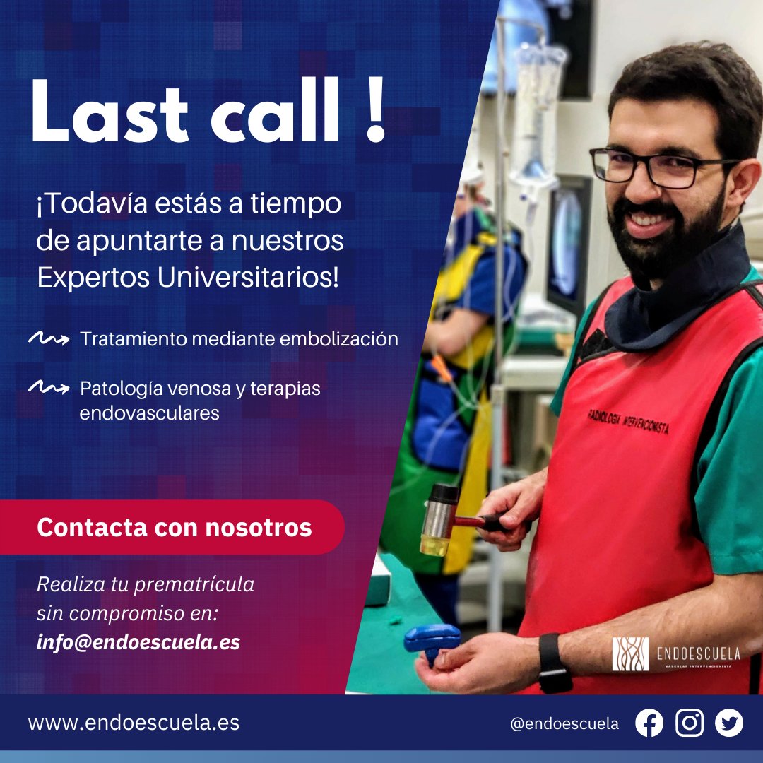 ¡Todavía estás a tiempo de apuntarte a nuestros Expertos Universitarios por la universidad de Udima!

Hemos lanzado dos Cursos de Experto (Patología Venosa y Embolización) con docencia totalmente online y prácticas presenciales.

🌐 Visítanos en endoescuela.es