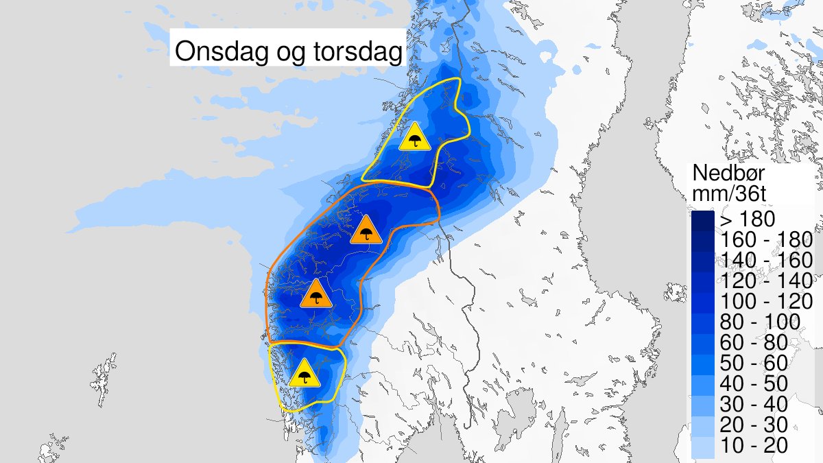 Meteorologene's tweet photo. Vi har sendt ut farevarsel på oransje nivå fra onsdag om svært mye regn i Sogn og Fjordane, Møre og Romsdal, Sør-Trøndelag og lengst nordvest i Oppland.

Vi har samtidig ute gult farevarsel på regn i Hordaland og Nord-Trøndelag.

Se mer på https://t.co/2BUKxPY4mH https://t.co/2Vn7dv7GLv