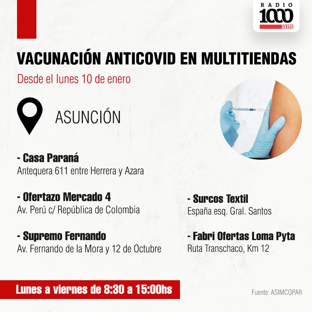 1000noticiaspy's tweet photo. TU PUNTO DE VACUNACIÓN MÁS CERCA | 💉

🗣 Multitiendas se adhieren al plan de vacunación anticovid-19 - https://t.co/c5hPwjQwLh

#1000am 📻🎙 https://t.co/i6IscFRL5r