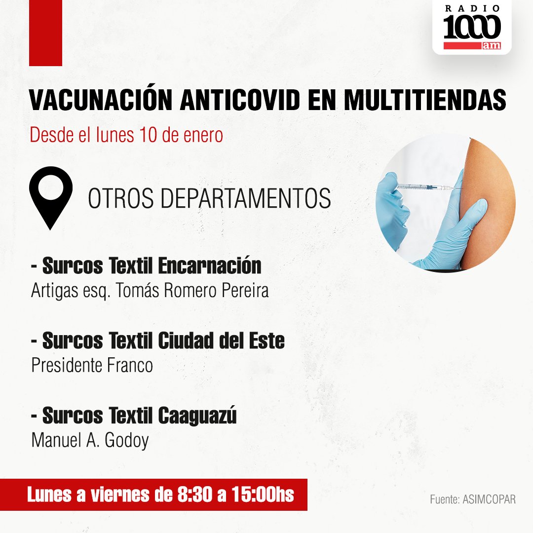 TU PUNTO DE VACUNACIÓN MÁS CERCA | 💉

🗣 Multitiendas se adhieren al plan de vacunación anticovid-19 - 1000noticias.com.py/2022/01/10/mul…

#1000am 📻🎙