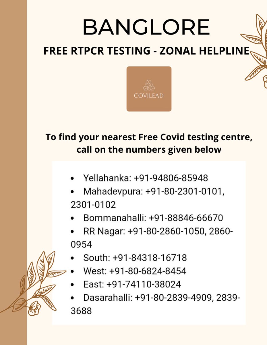 CAidCollective's tweet photo. #Bangalore #COVID19 Free RTPCR Testing - Zonal Helplines

@amohit17 @araynakhan @midhatkidwai @Ashok_Kashmir @priyashmita @LoneRider2019 @Ghazala2402  @MuddatonKeBaad @Canis_____Lupus @mistshaa https://t.co/eF88XkJgPt