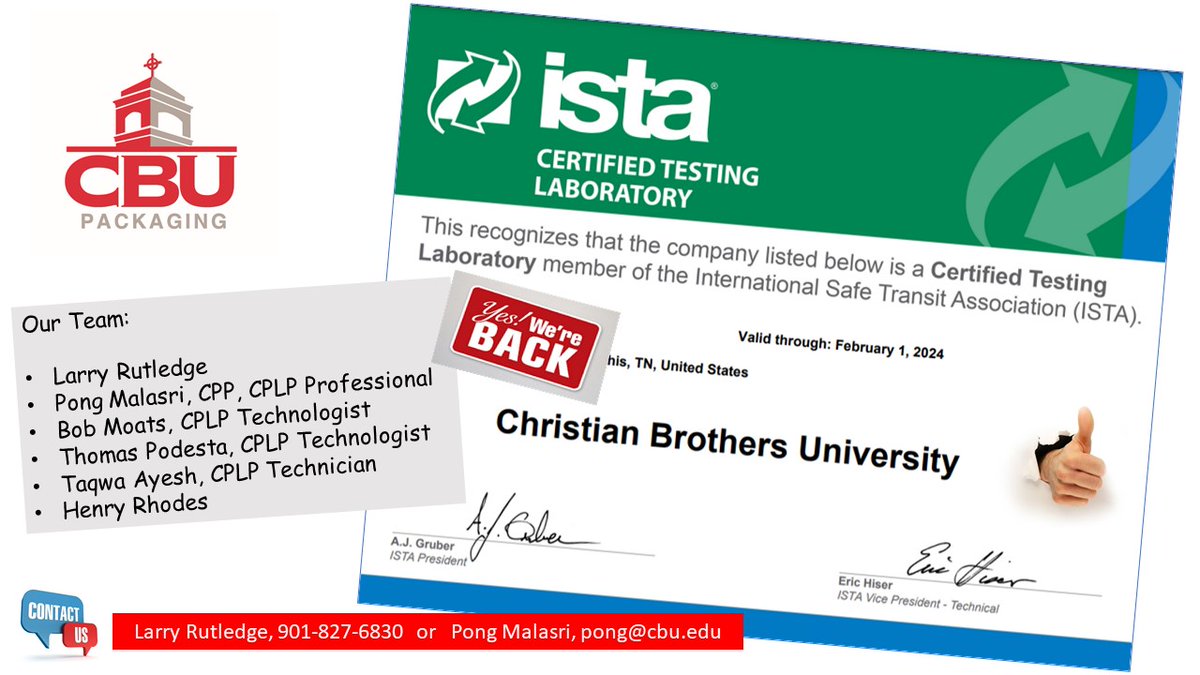 Pong_CBU's tweet photo. CBU Packaging Lab was an ISTA Certified Packaging Laboratory from 2009 to 2020. The lab stopped commercial testing in the last two years due to COVID-19. Now the lab has been recertified by the International Safe Transit Association (ISTA).
#CBUPackaging #ISTA #PreshipmentTest https://t.co/YHnQBVJsbe