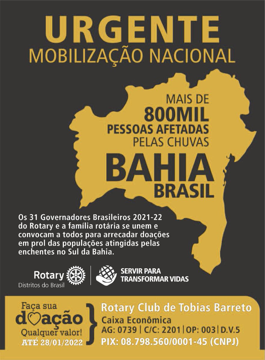 Junte-se a essa grande mobilização do Rotary em todo o Brasil para abraçar as famílias da Bahia atingidas pelas chuvas. #mobilizaçaonacional #sosbahia #soschuvas #ajude #colabore #doe #rotary #ajudeabahia #rotarybrasil #rotarybrazil 

(Arte: Equipe de Imagem Pública da região 29)
