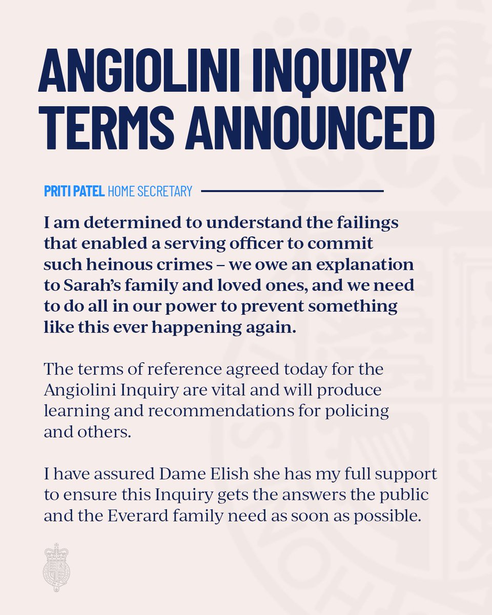 Today I have published the terms of reference for the 1st phase of the Angiolini Inquiry. Dame Elish has my full support to ensure this Inquiry gets the answers both Sarah Everard's family and the public need as soon as possible. Phase 1 terms in full: gov.uk/government/pub…