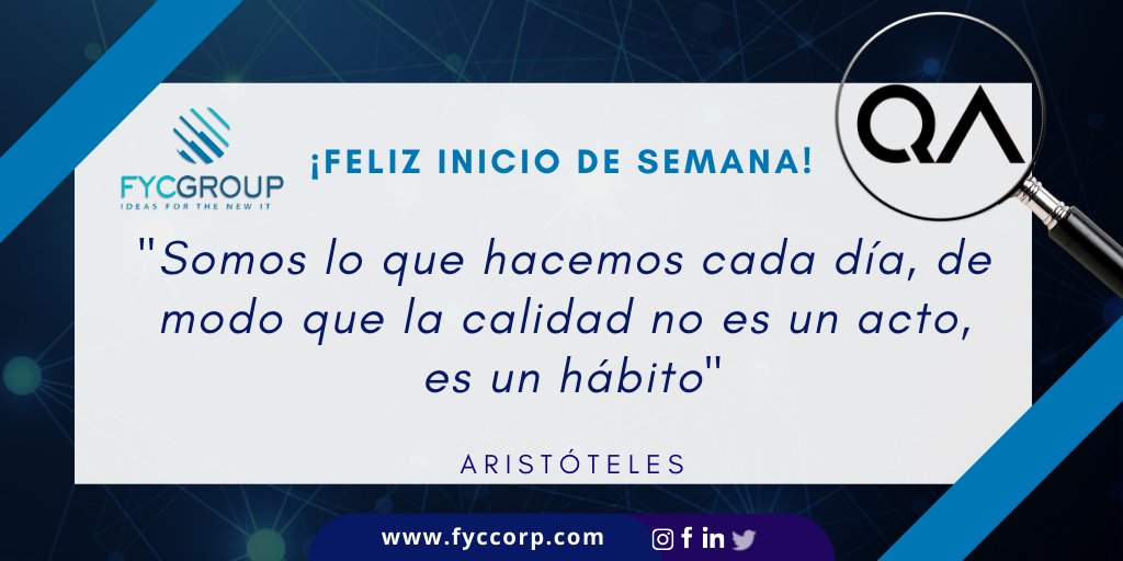fycgroup's tweet photo. 👉“Somos lo que hacemos cada día, de modo que la calidad no es un acto, es un hábito” Aristóteles
¡Feliz y productiva semana!
#FYCQuotes #FrasesdelDia #Aristoteles #FelizSemana #SoftwareTesting #SoftwareTestingCompany #PruebasDeSoftware #CalidaddeSoftware #CalidaddelSoftware https://t.co/1BeCbgjZ7k