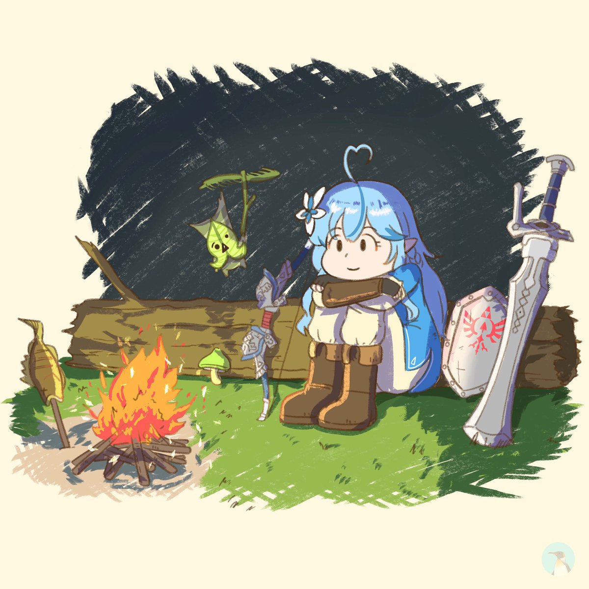 yukihana lamy shield sword weapon ahoge blue hair sitting hair ornament  illustration images