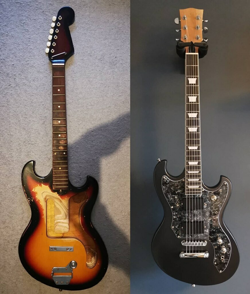 Jack_Ellis's tweet photo. Before and after! Here's Gareth's masterpiece, quite the transformation!! Happy to have a been a small part of this job for him with out custom scratchplate! #winning https://t.co/S4SXCYjXT8